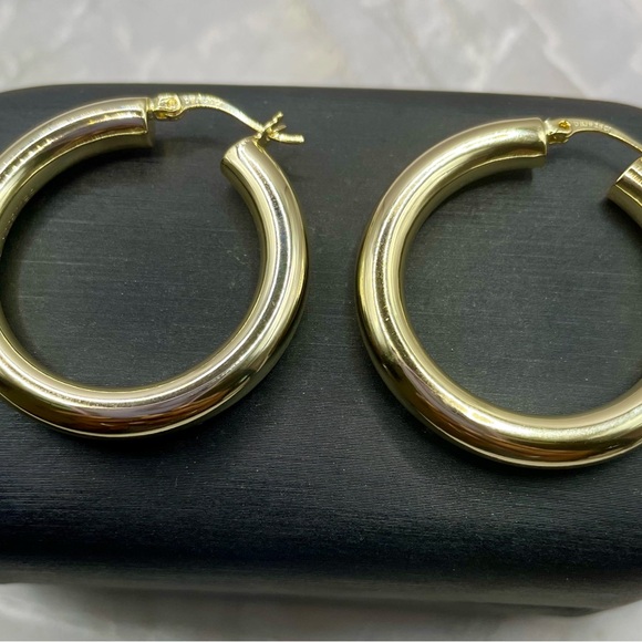 HSN Bellezza Bronze Gold tone Polish Tube Click Top Gold Hoop Earrings. 925 post - Picture 7 of 7